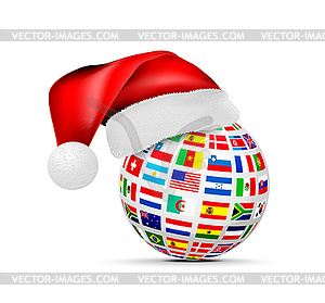 Sphere of national flags in cap of santa claus. - vector clipart