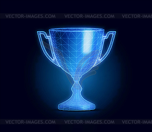 Award cup with polygonal grid on dark background - vector image