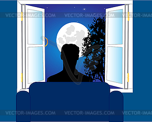 Man peers into window - color vector clipart