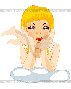 Making look younger girl on pillow - vector clip art