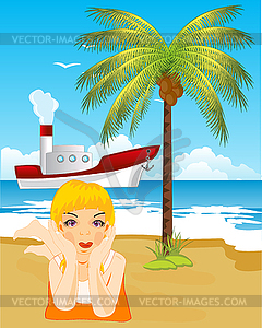 Girl tans on beach - vector image