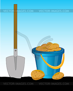 Pail of potatoes and shovel - vector clipart