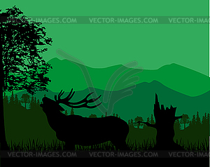 Silhouette of deer in mountain - royalty-free vector clipart