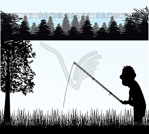 Silhouette of fisherman on river - vector image