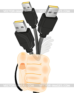 Cables with connector in hand - vector clip art