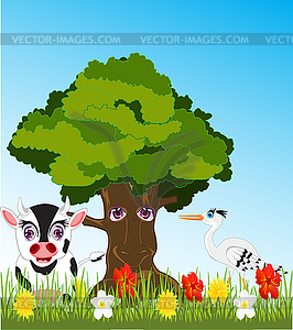 Tree and animals on glade - vector image