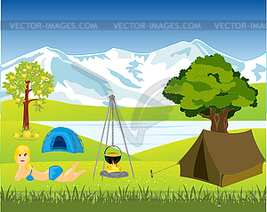 Rest on nature beside lake - vector image