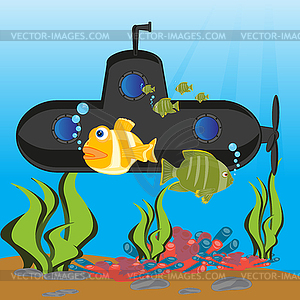 Submarine at depth ocean - vector clipart