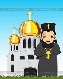 Priest on background church - vector clipart