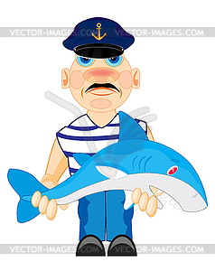 Sailor with caughted by shark - vector image