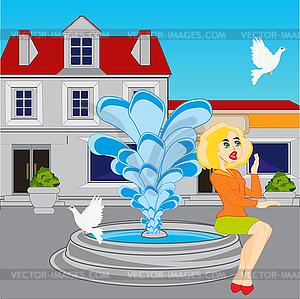 Fountain in city - vector clip art