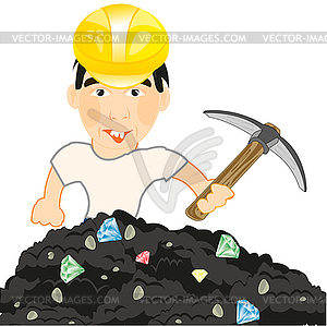 Man with instrument pickax searches for jewels - vector clipart