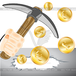 Hand of person with pickax and bonanza of coins - vector clipart