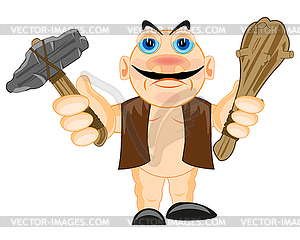Примитивный человек с каменным молотком и летучей мышью - изображение векторного клипарта