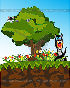 Tree high on breakaway and wild animals - vector image