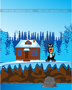 Wood with river and house on nature in winter - vector image