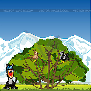 Дерево с птицей и животными на поляне - клипарт Royalty-Free
