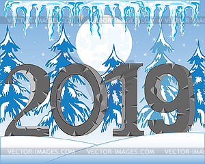 Праздник нового года 2019 года на фоне зимнего леса - векторное изображение клипарта