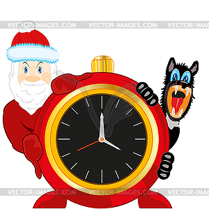 Santa and dog beside new years festive hours - color vector clipart