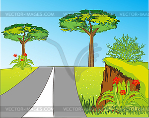 Дорога по поляне года среди красивой природы - векторный клипарт / векторное изображение