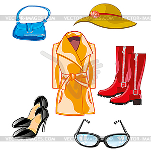 Feminine coat with hat and other feminine - vector clipart