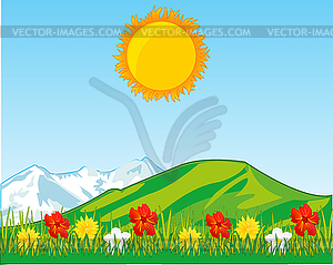 Поляна с цветком и горы на заднем плане - клипарт в векторном формате