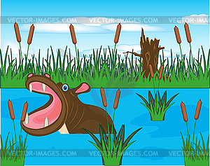 African animal hippopotamus sails in river - vector clip art