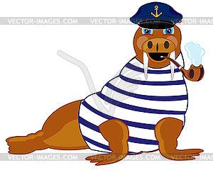 Cartoon animal walrus in service cap of captain wit - vector clipart