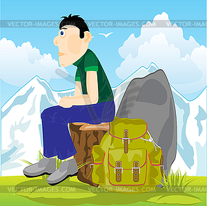 Man travellier on glade on background of snow - vector clip art