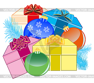 Festive new years toys and gift - vector image