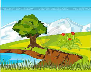 Bright year landscape with mountain on back plan - vector clip art