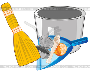 Dustpan with rubbish and besom - vector clip art