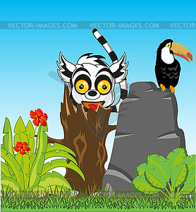 Flowering jungle with animal and bird - vector clip art