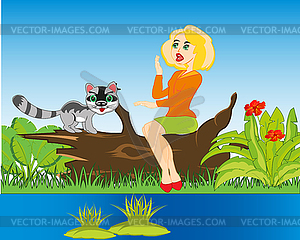 Girl with cat on nature beside yard - vector clipart