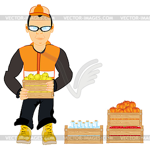 Man longshoremen unloads boxes with fruit and bottle - royalty-free vector image