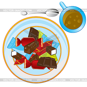 Конфеты на тарелках и чай - иллюстрация в векторном формате