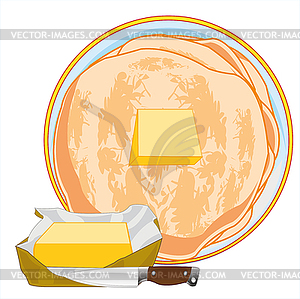 Pancakes on plate and cream butter - vector clip art