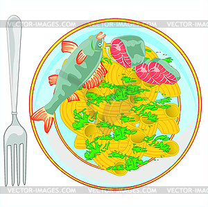 Hot dish with noodle and fish by sprinkled verdure - vector clip art