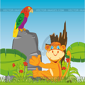 Animal marmoset and parrot amongst wild nature - color vector clipart