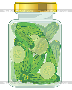 Glass bank with salty cucumber - vector clipart