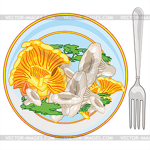 Mushrooms on plate is insulated - vector image