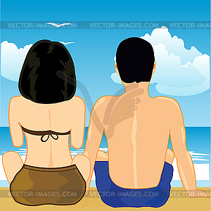 Мужчина и женщина сидят на песне на пляже - иллюстрация в векторном формате