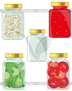 Glass banks with canned meal - vector clipart