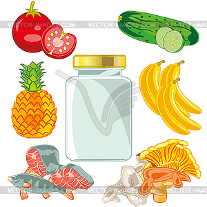 Fruits and vegetables,fish,mushrooms and glass bank - vector image