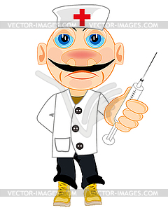 Doctor in white robe with syringe in hand - vector clip art