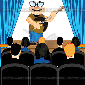 Singer with music instrument balalaika on scene - vector image