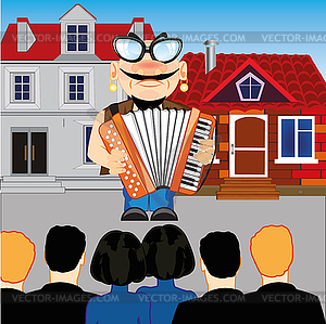 Musician with accordion emerges before spectator - vector clip art