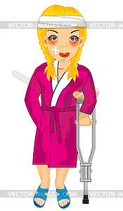 Girl with tram on crutch in hospital robe - vector clip art