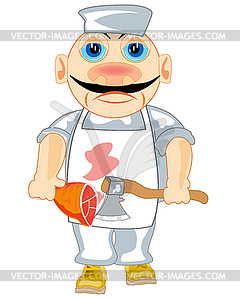 Man butcher with axe in hand and ham - vector image