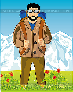 Colorful landscape and men with rucksack - vector clip art